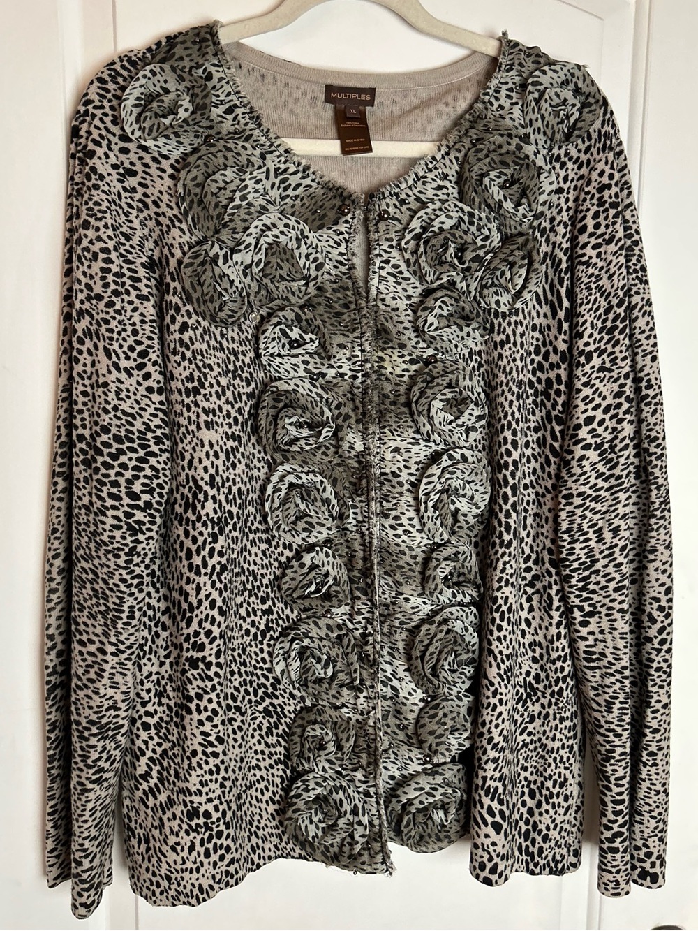 Multiples Black and Gray Leopard Rosette Cardigan